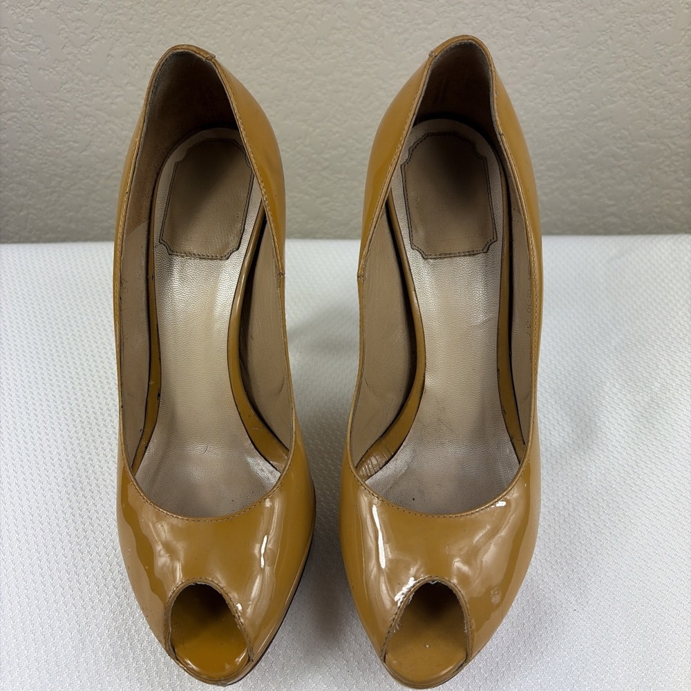 Dior Miss Dior Size 37 Yellow‎ Patent Leather Peep Toe Pumps